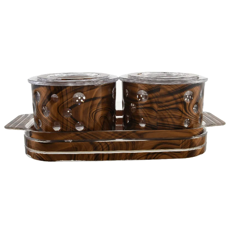 Kuber Industries Pearl Wooden Design Plastic Dry Fruit Container with Tray Set with Lid & Serving Tray, 500 ml Plastic Grocery Container (Set of 3, Brown)-KUBMART11084