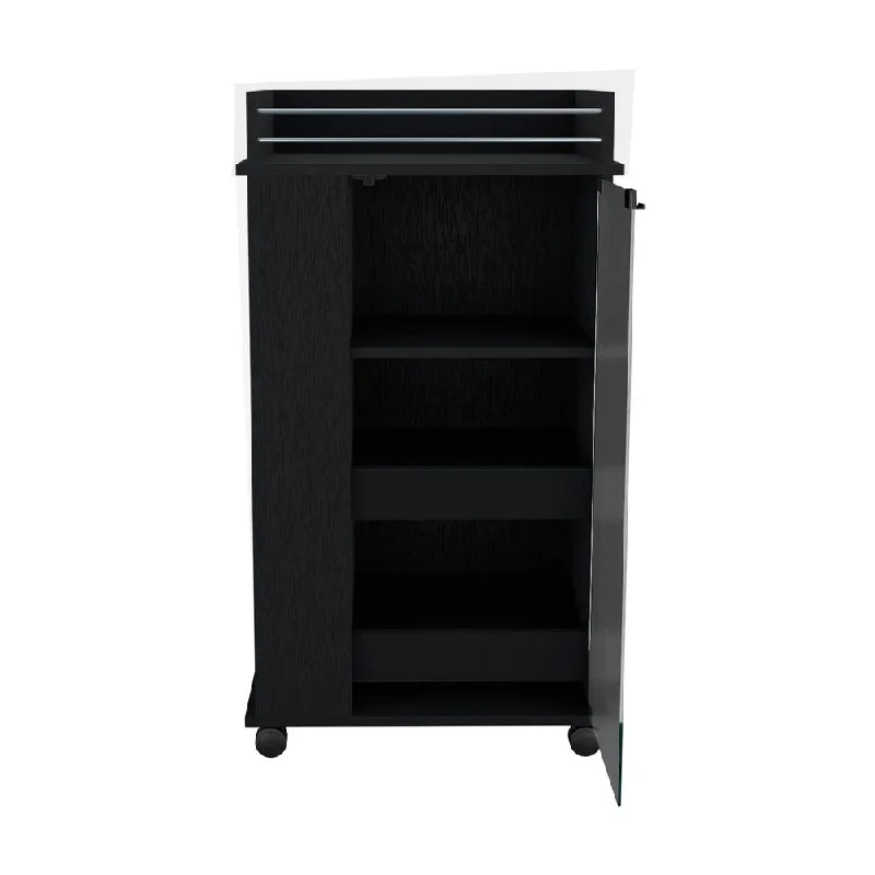 Lansing Bar Cart with Glass Door, 2-Side Shelves and Casters, Black