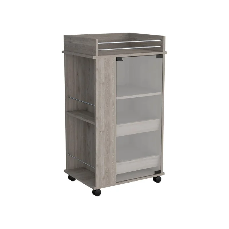 Lansing Bar Cart with Glass Door, 2-Side Shelves and Casters, Light Gray