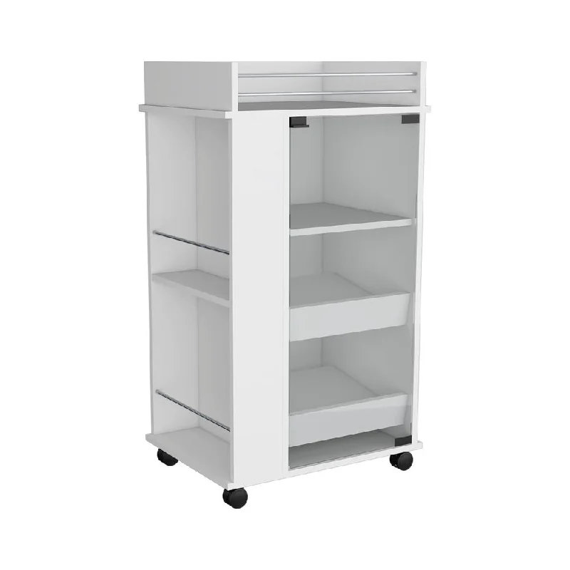 Lansing Bar Cart with Glass Door, 2-Side Shelves and Casters, White