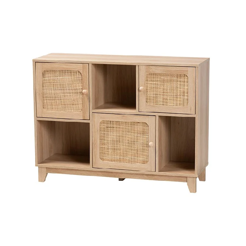 Light Brown Finished Wood and Natural Rattan 3-Door Sideboard