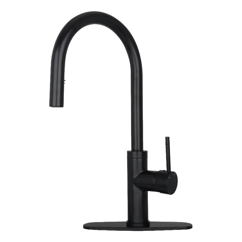 Matte Black Pull Out Kitchen Faucet with Deck Plate, Single Level Solid Brass Kitchen Sink Faucets with Pull Down Sprayer-AK96416MB