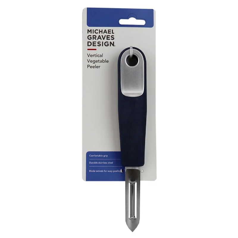 Michael Graves Design Comfortable Grip Swiveling Stainless Steel Vertical Vegetable Peeler, Indigo