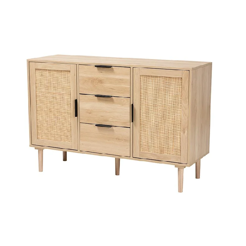 Natural Brown Finished Wood and Natural Rattan 3-Drawer Sideboard