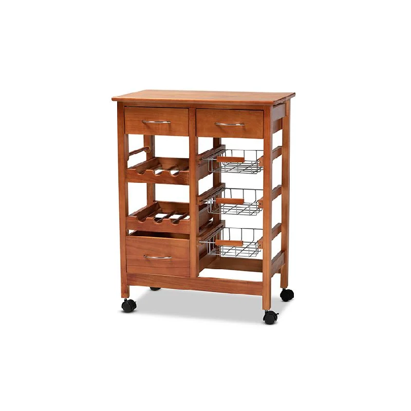 Oak Brown Finished Wood and Silver-Tone Metal Mobile Kitchen Storage Cart