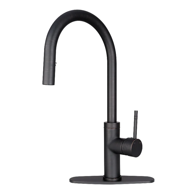 Oil Rubbed Bronze Pull Out Kitchen Faucet with Deck Plate, Single Level Solid Brass Kitchen Sink Faucets with Pull Down Sprayer-AK96416-ORB