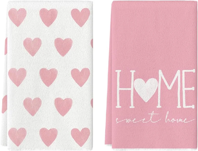 Pink Heart Love Home Sweet Home Valentine's Day Kitchen Towels Set of 2 (18" x 26")