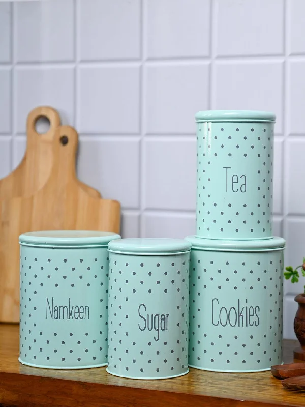 Tea & Sugar Jar (Each 900 Ml) + Cookie & Namkeen Jar (Each 1700 Ml) - Polka Dot Green, Set Of 4