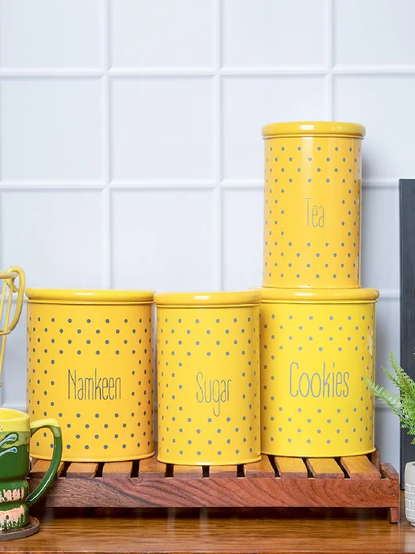 Tea & Sugar Jar (Each 900 Ml) + Cookie & Namkeen Jar (Each 1700 Ml) - Polka Dot Yellow, Set Of 4