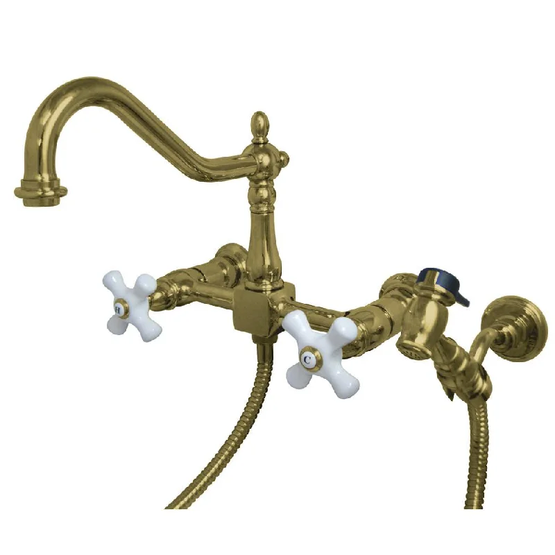 Porcelain Cross Hdl Polished Brass Wall Mount Kitchen Faucet w Spray KS1242PXBS