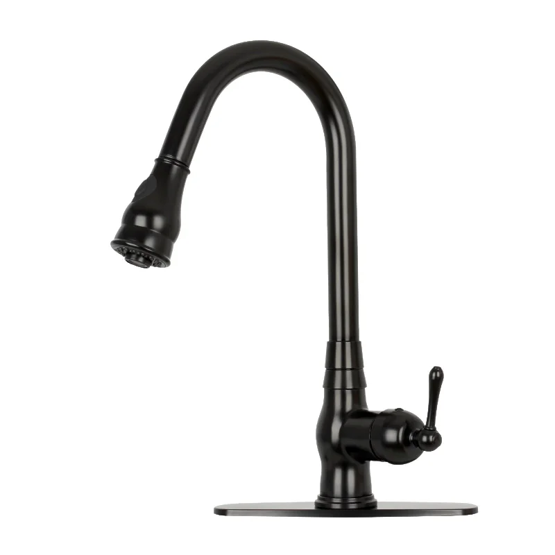 Pull Out Kitchen Faucet with Deck Plate, Single Level Solid Brass Kitchen Sink Faucets with Pull Down Sprayer-AK96418-D-MB