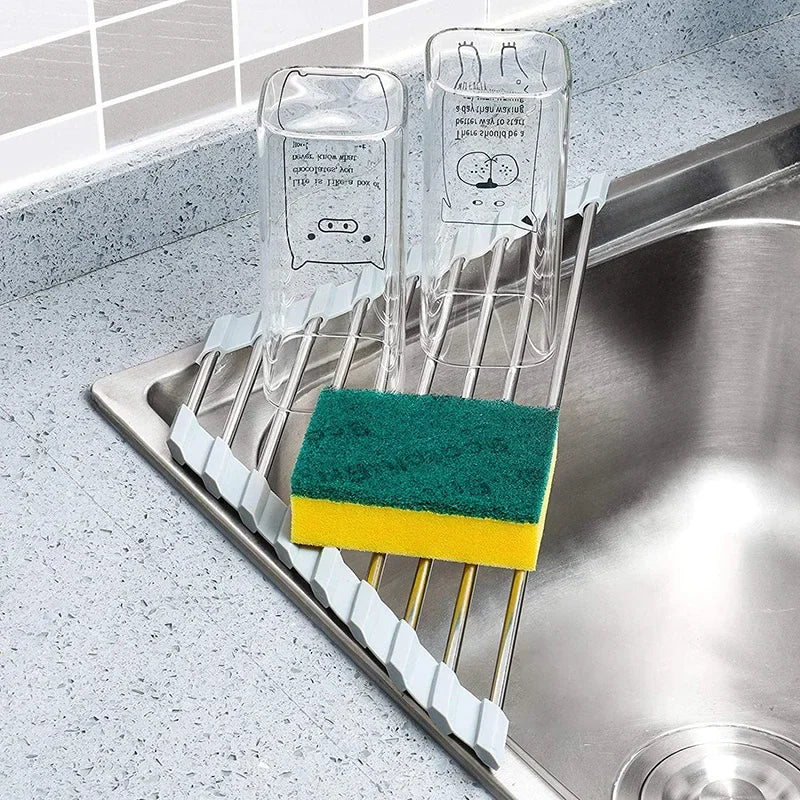 Roll Up Triangle Dish Drying Rack Kitchen Sink Organizer Corner Over the Sink Sponge Rag Holder Foldable Stainless Steel Drainer, Gray