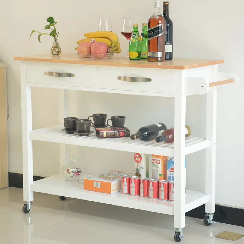 Rubber Wood Top Simple Design Mobile Kitchen Island with Two Lockable Wheels - White