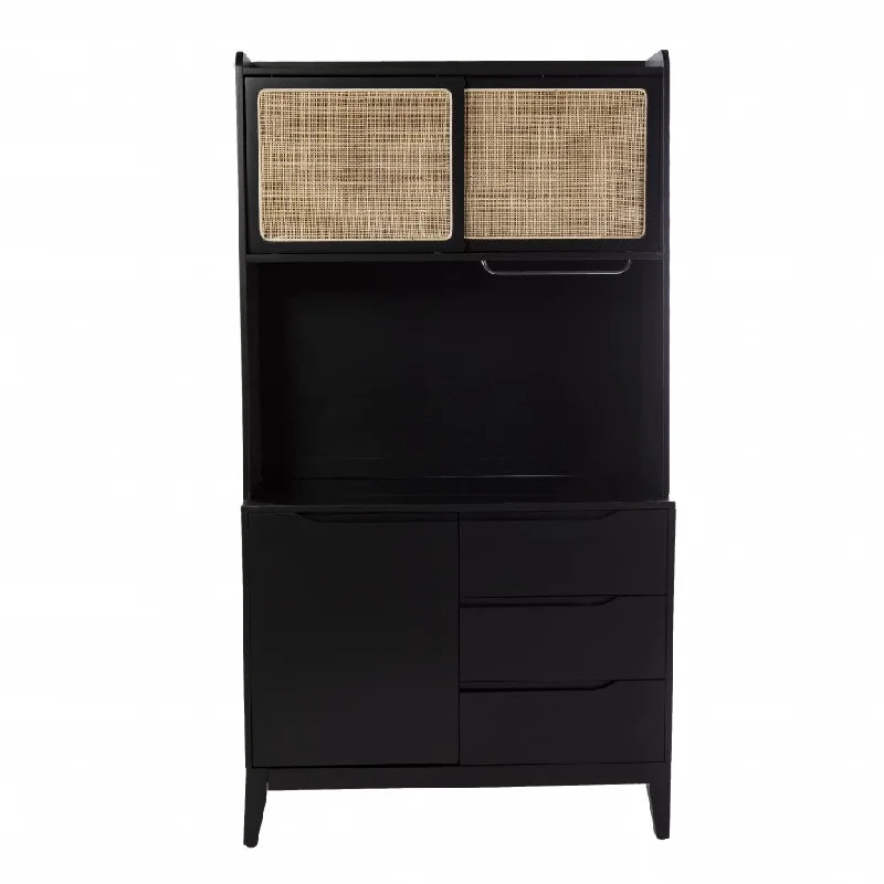 Rustic Black and Light Bamboo Tall Buffet Cabinet