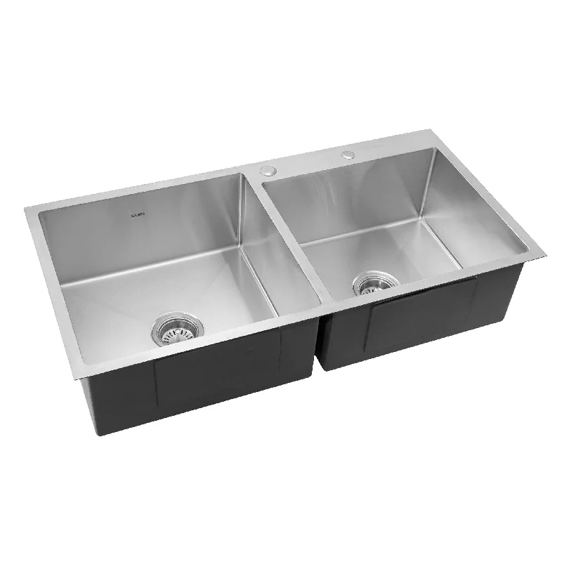 Stainless Steel Grade 304 Sink for Kitchen, Double Bowl Handmade Sink with Half Faucet Deck 32x18x9 inches, Matte Finish (KS-SH32189DBHFDM)