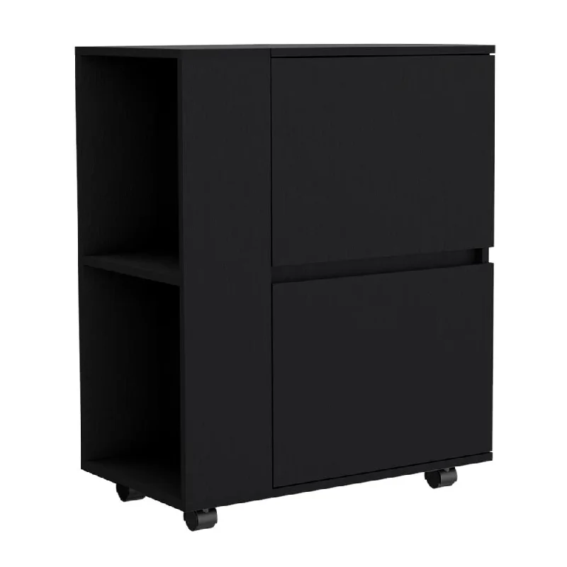 Tully Bar Cart Two Pull-Down Door Cabinets and Two Open Shelves,Black