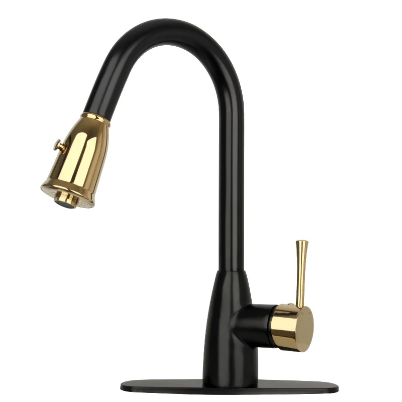 Two-Tone Matte Black & Gold Pull Out Kitchen Faucet with Deck Plate, Single Level Solid Brass Kitchen Sink Faucets with Pull Down Sprayer - AK455BLZG