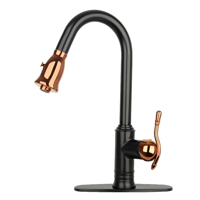 Two-Tone Matte Black & Rose Gold Pull Out Kitchen Faucet with Deck Plate, Single Level Solid Brass Kitchen Sink Faucets with Pull Down Sprayer - AK415BLRG