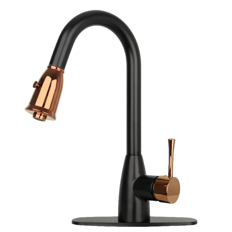 Two-Tone Matte Black & Rose Gold Pull Out Kitchen Faucet with Deck Plate, Single Level Solid Brass Kitchen Sink Faucets with Pull Down Sprayer - AK455BLRG