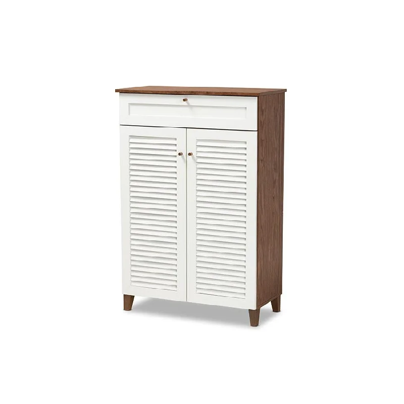 White and Walnut Finished 5-Shelf Wood Shoe Storage Cabinet with Drawer