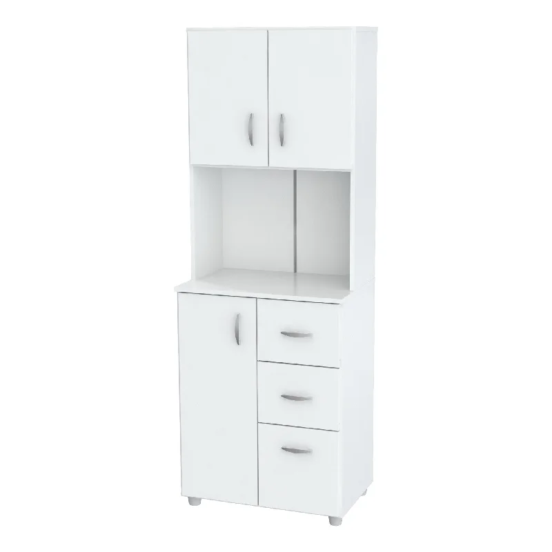 White Finish Wood High Low Full Size Microwave Cabinet