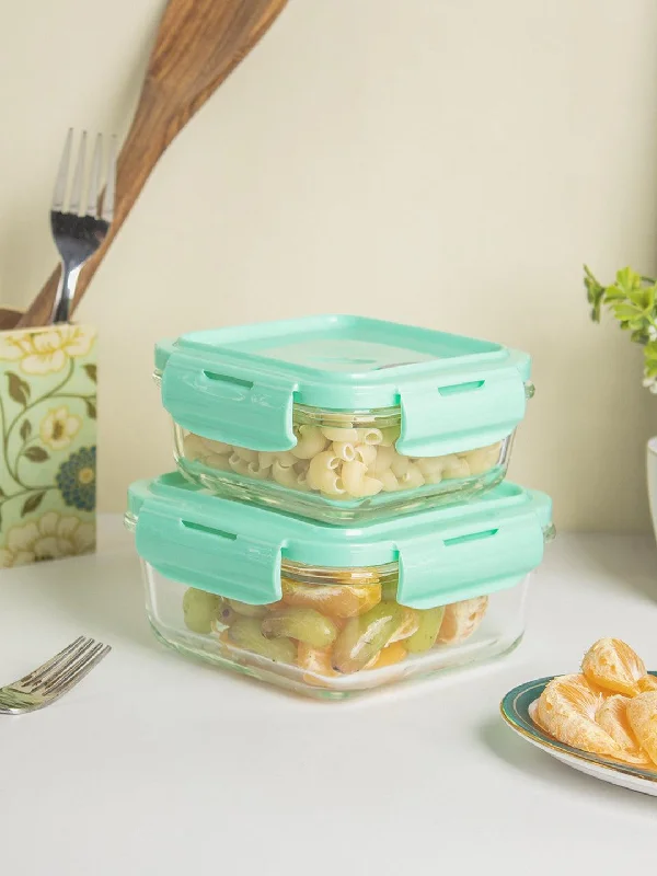 Borosilicate Food Containers (Pack of 2 - 340ml & 570ml) Green Lid