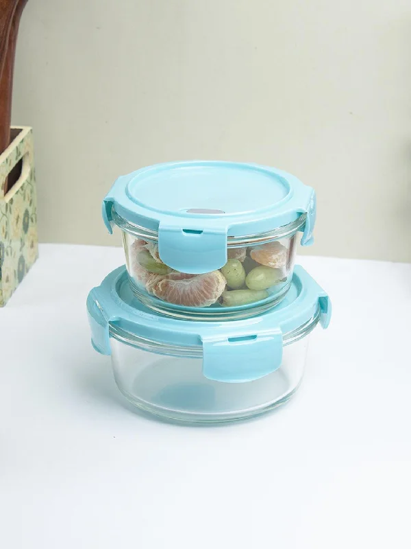 Borosilicate Food Containers (Pack of 2 - 410ml & 570ml) Blue Lid