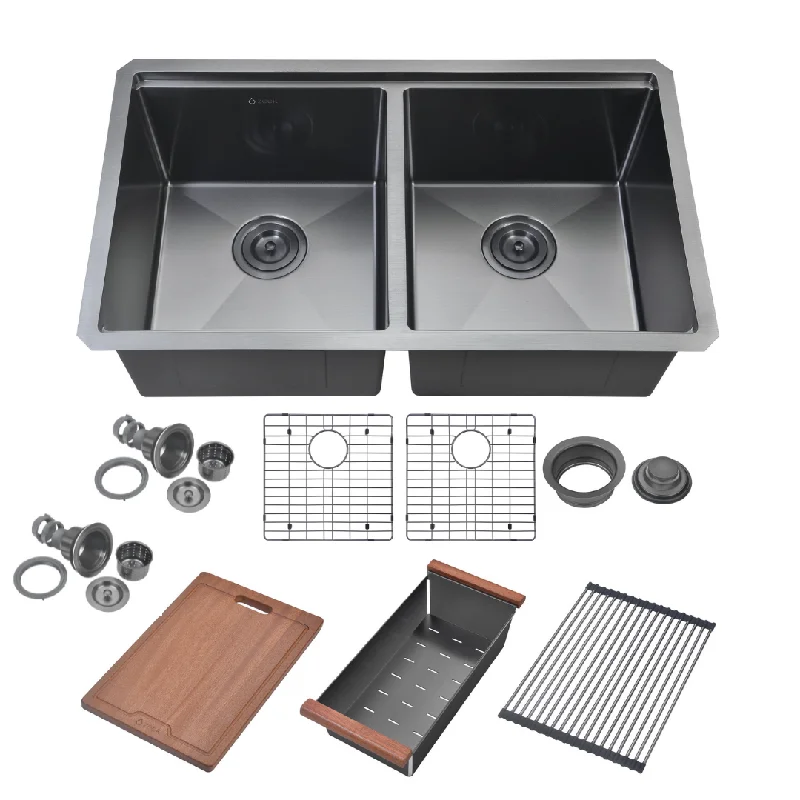 Zeek 32" Workstation Double Bowl Gunmetal Matte Black Undermount / Drop-In Kitchen Sink With Accessories PVD Nano Tech Coating ENZO ZW-B509