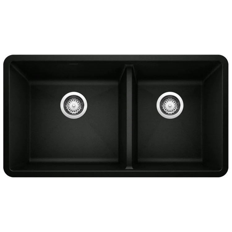 Kitchen Sink Precis 33 x 18 Inch Double Bowl 1-3/4 Bowl Coal Black Undermount Rectangle Silgranit