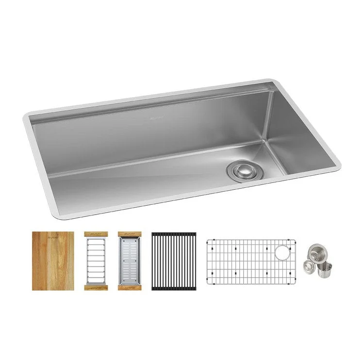 Sink Kit Crosstown Workstation 31.5 x 18.5 Inch Single Bowl Polished Satin Bottom Grid Colander Cutting Board Two Drying Racks Drain