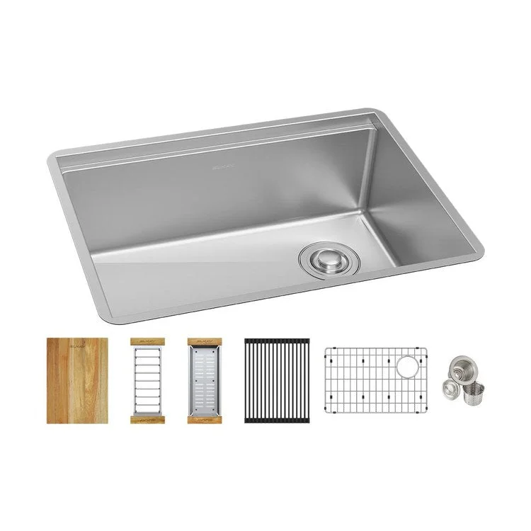 Sink Kit Crosstown Workstation 25.5 x 18.5 Inch Single Bowl Polished Satin Bottom Grid Colander Cutting Board Two Drying Racks Drain Premium 16-Gauge Thickness and Type 304 Stainless Steel for Immense Durability and Performance