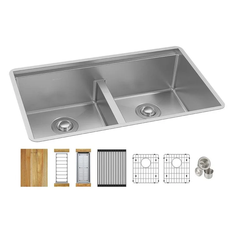 Kitchen Sink Crosstown 31.5 x 18.5 Inch Double Bowl Kit with Aqua Divide Polished Satin Undermount