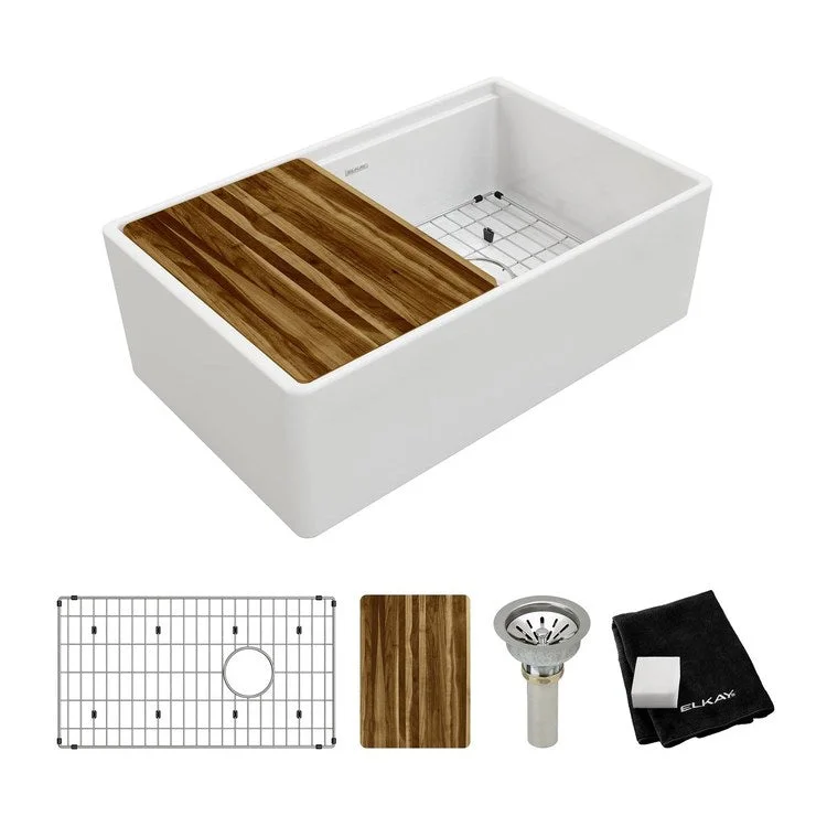 Kitchen Sink Fireclay 30 x 19 Inch Single Bowl Kit Apron Front White Farmhouse Front Drain Location Right Workstation