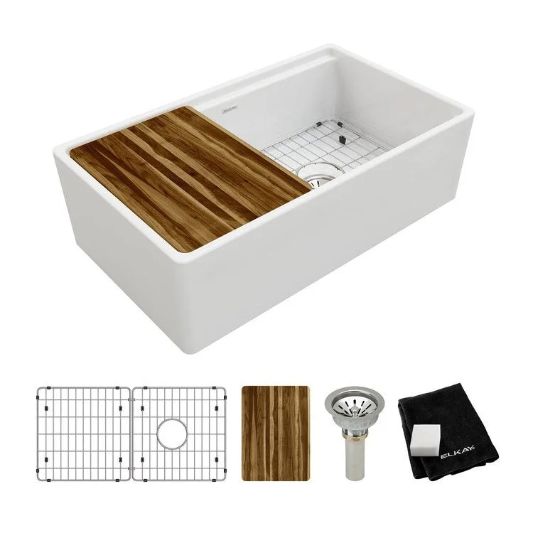 Kitchen Sink Fireclay 33 x 19 Inch Single Bowl Kit Apron Front White Farmhouse Front Drain Location Right Workstation